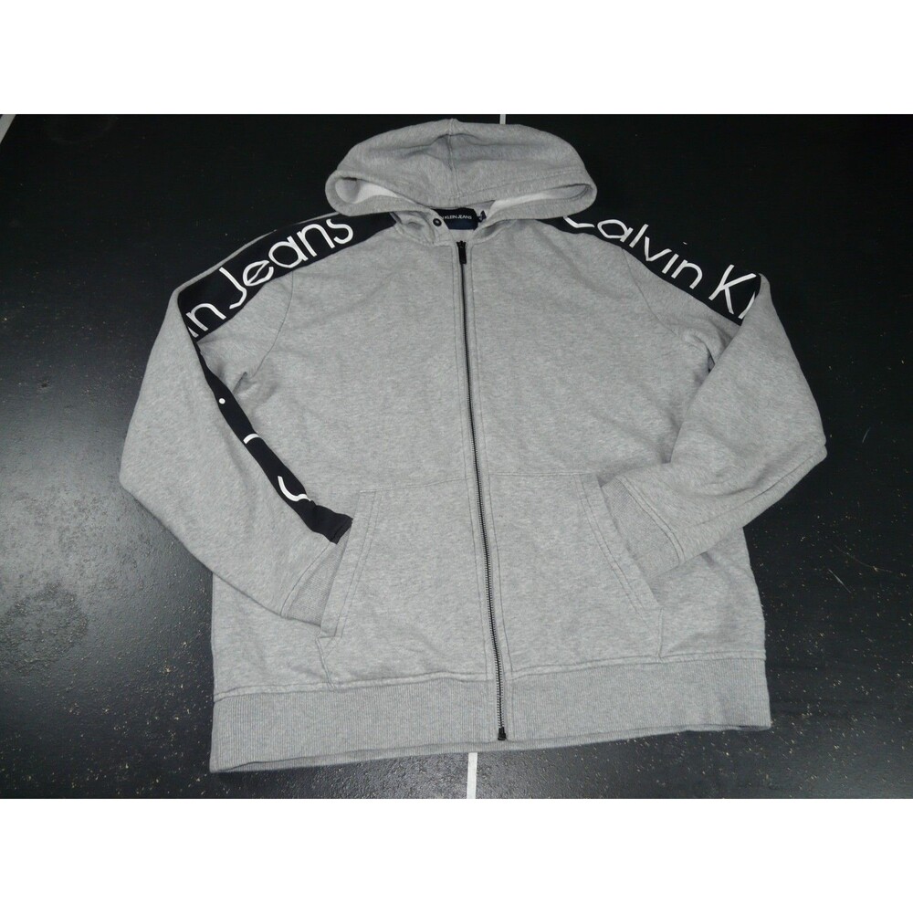 Calvin Klein Jeans Full Zip Hoodie Gray Black Logo Sweatshirt Cotton Men's XL